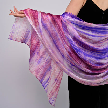 Purple and pink brushstroke silk scarf worn as a flowing shawl, hand-dyed mulberry silk