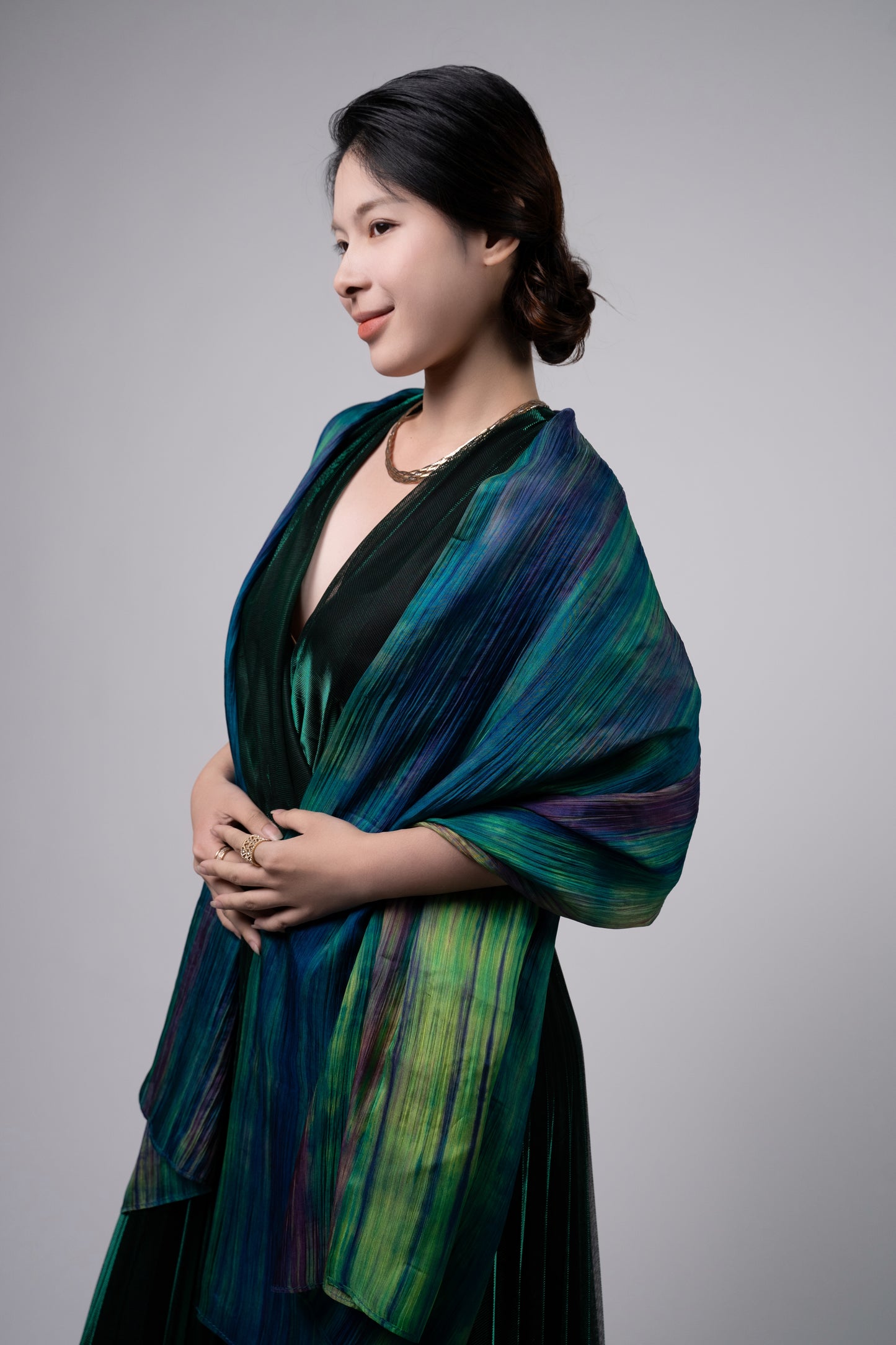 Emerald brushstroke silk scarf worn as a flowing shawl, hand-dyed mulberry silk