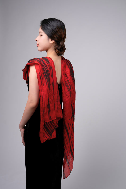 Luxury Hand-Dyed Mulberry Silk Scarf –Red & Black Brushstroke Wrap- Gift-Ready