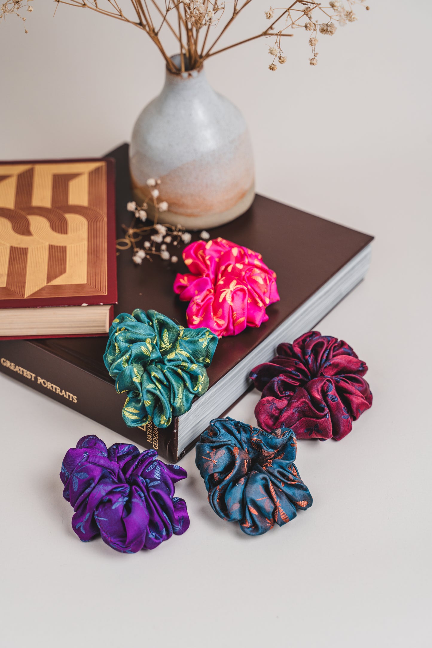 Light dragonflies silk jacquard scrunchies styled flat, a luxury gift