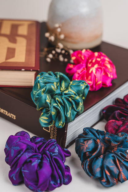 Dark dragonflies silk scrunchie, smooth and gentle on hair