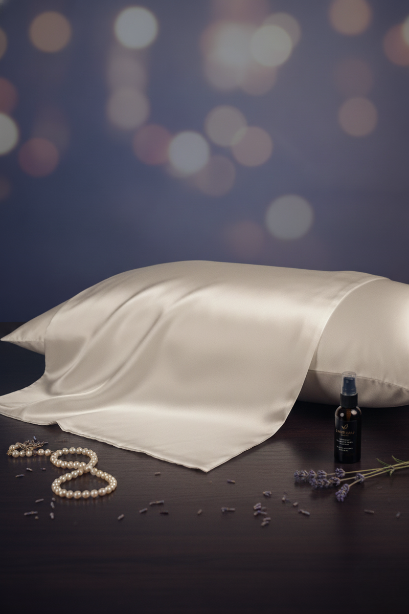 Silk sleep mask styled with pillow