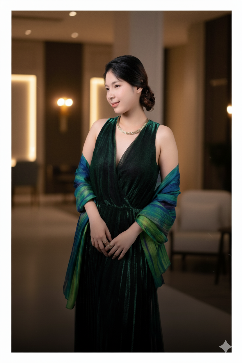 Model wearing an emerald brushstroke hand-dyed silk scarf draped over the shoulders