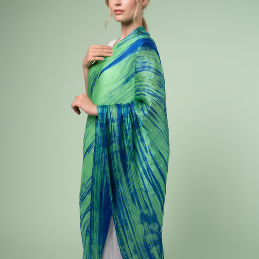 Hand-Dyed Mulberry Silk Scarf – Blue & Green Brushstroke Shawl Wrap | 100% Pure Artisan Silk