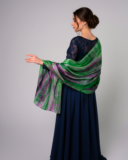 Parrot Green & Pink Brushstroke Silk Scarf – Hand-Dyed 100% Mulberry Silk Wrap | Luxury Artisan Shawl for Women
