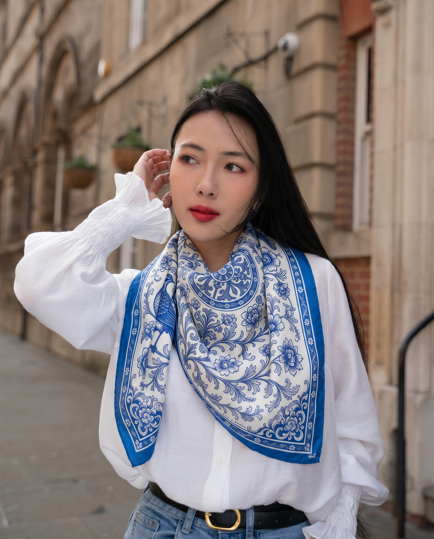 Blue Chinoiserie Birds Silk Twill Scarf – Printed Mulberry Silk, Hand-Rolled Hem