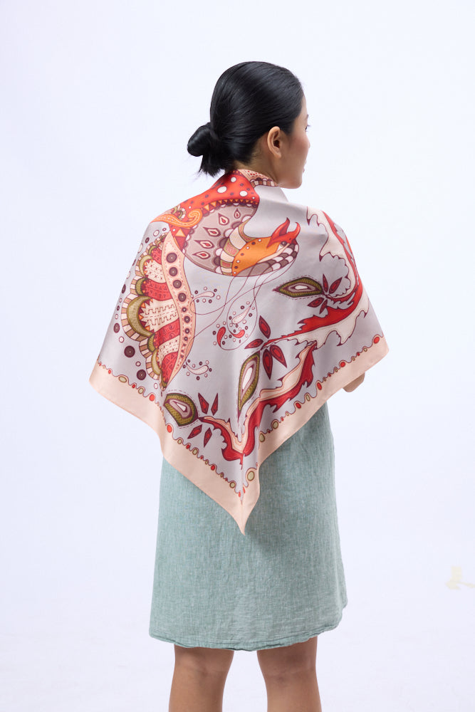 Elegant Scarlet Phoenix Twill Silk Scarf – Vibrant, Soft