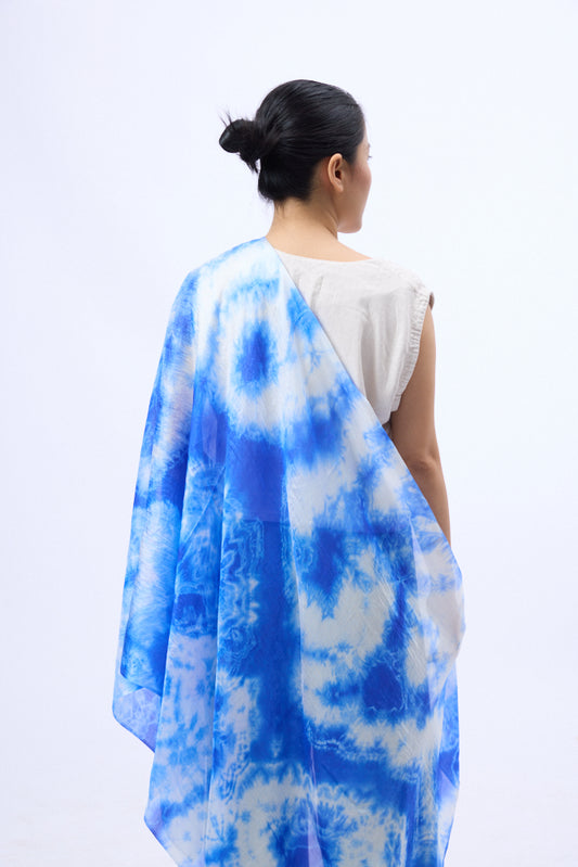 Lightweight Bright Blue & White Marbled Silk Habotai Scarf – Soft, Elegant, and Stylish