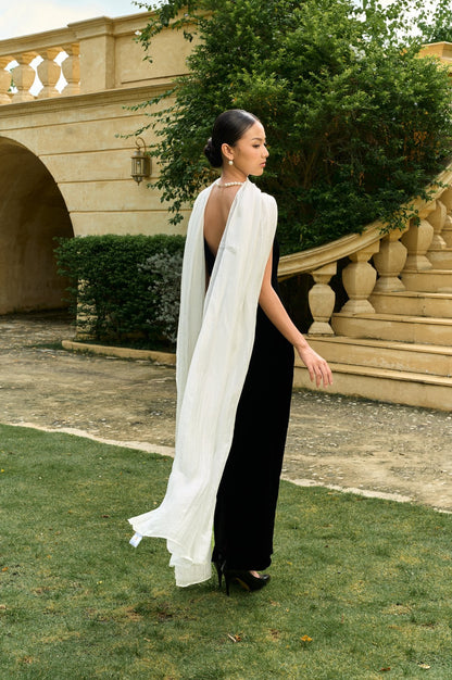 Pearl white silk bridal shawl worn as a full-length silk cape — 85×300cm hand-dyed mulberry habotai silk by Silk & Bears