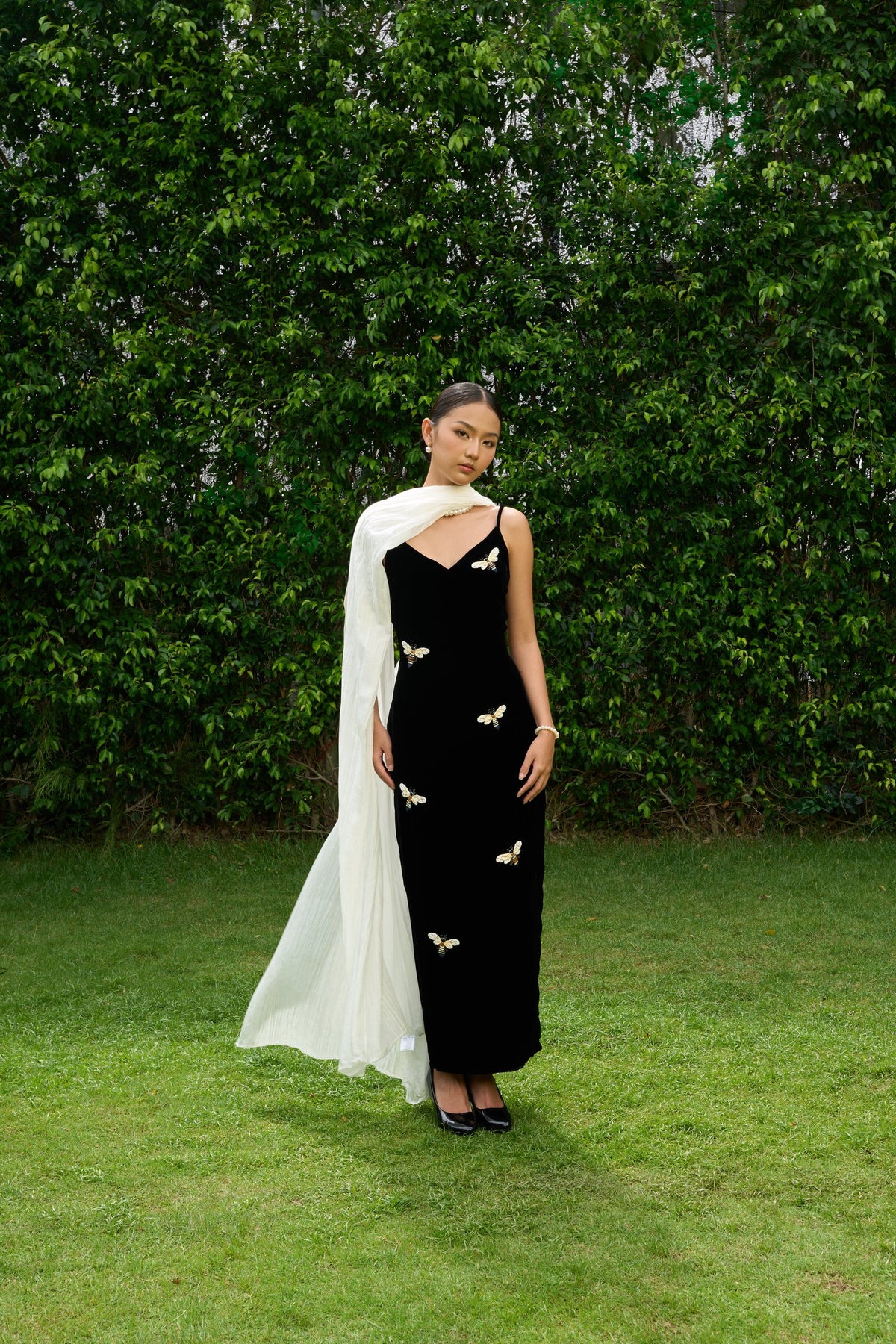 Pearl white silk bridal shawl as a ceremony cape — hand-dyed mulberry silk, designed in England