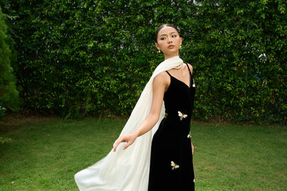 Pearl white silk shawl worn over black velvet — versatile bridal and evening wrap, 85×300cm