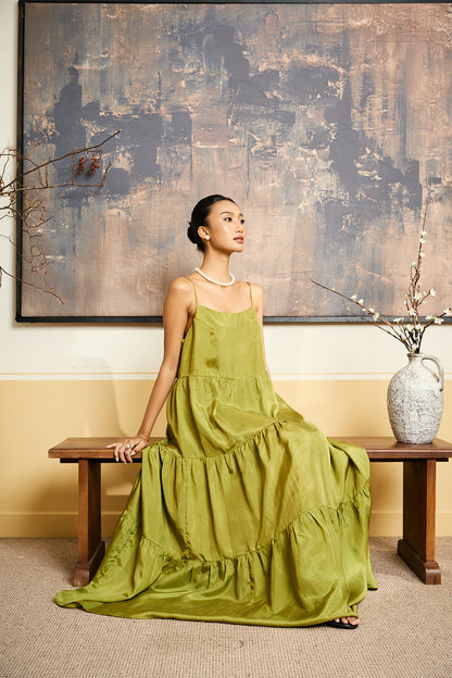 Back view of the Valentina olive gold habotai silk tiered maxi dress
