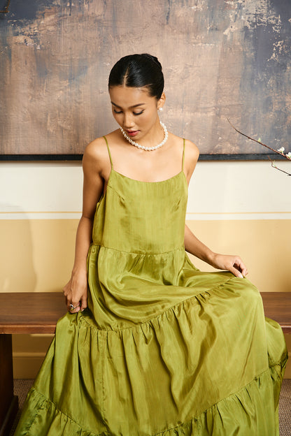 Detail of the Valentina olive gold habotai silk tiered maxi dress