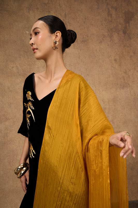 Back view of model wearing gold silk shawl — Silk & Bears artisan scarves