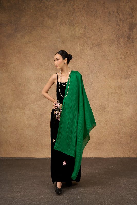 Model wearing  hand-dyed silk scarf draped over shoulders — Silk & Bears