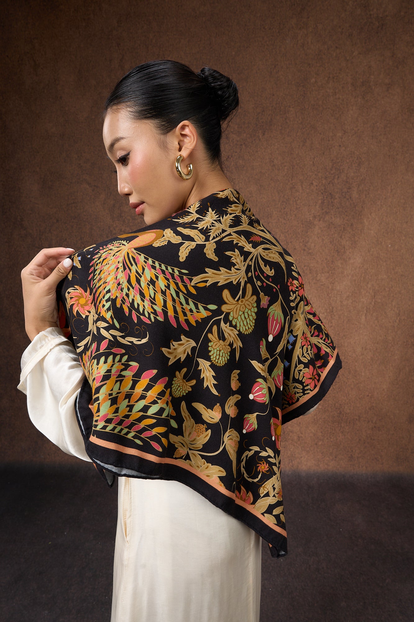 Phoenix Garden Wool Silk Scarf – Hand-Rolled Black Floral Wrap