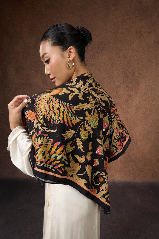 Phoenix Garden Wool Silk Scarf – Hand-Rolled Black Floral Wrap