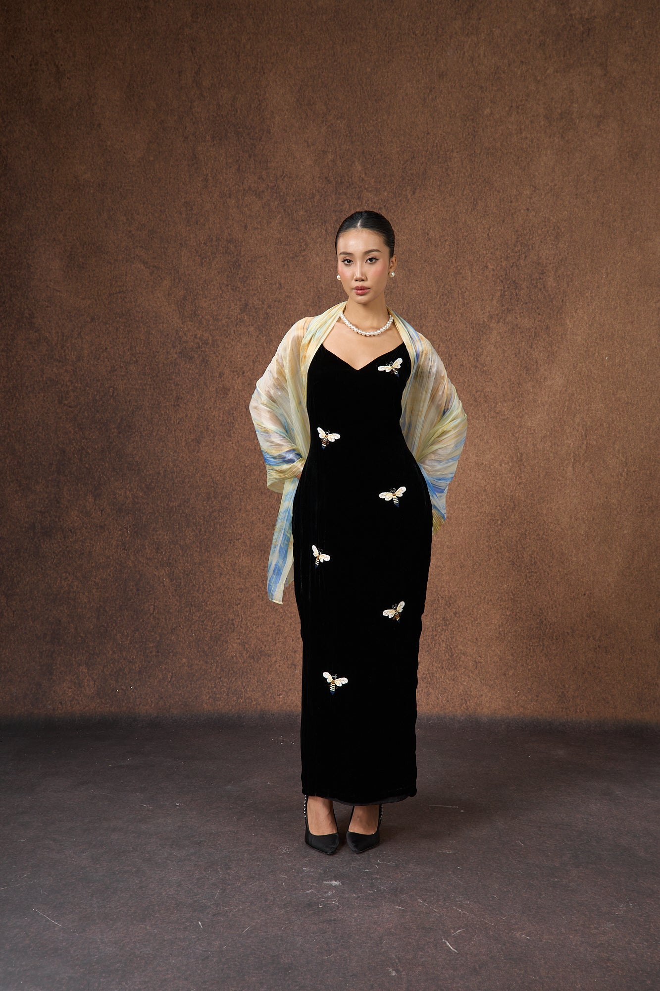 Butter yellow and blue brushstroke hand-dyed mulberry silk scarf styled flat, a luxury gift