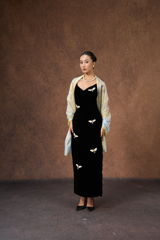 Model wearing butter yellow and blue brushstroke hand-dyed silk scarf draped over shoulders — Silk & Bears