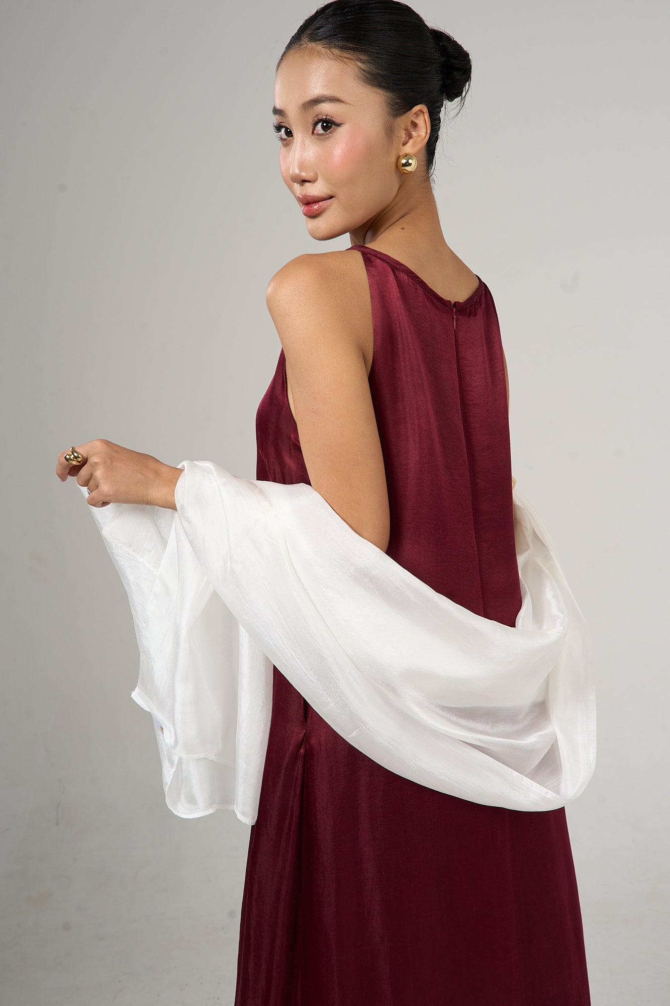 Pearl white silk scarf worn as a flowing shawl, hand-dyed mulberry silk