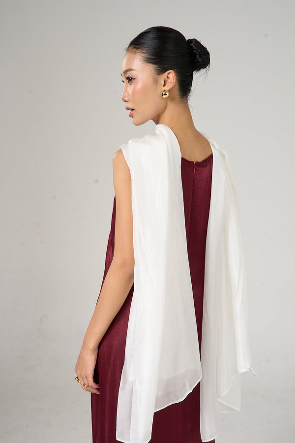 Back view of model wearing pearl white silk shawl — Silk & Bears artisan scarves