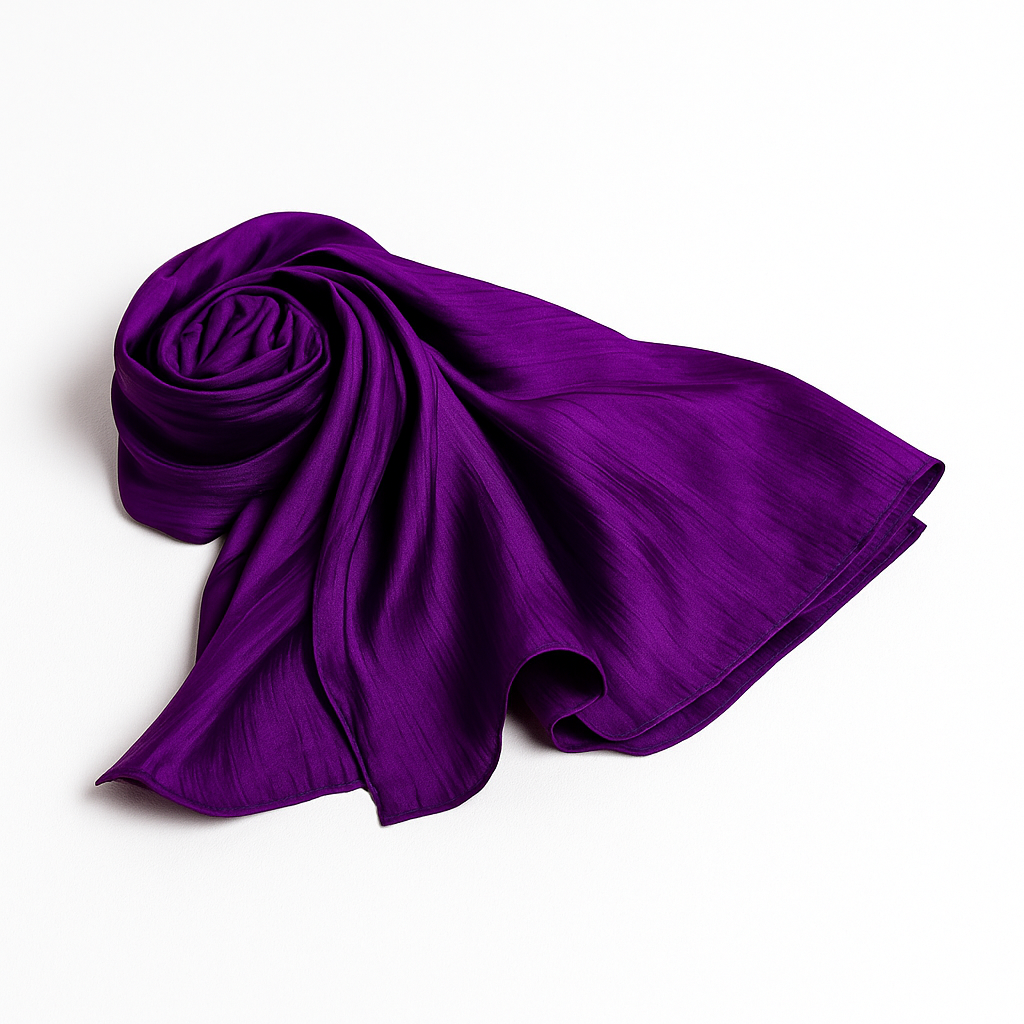 Deep purple silk scarf styled for a special occasion by Silk & Bears