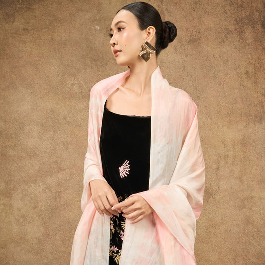 Peach Orange Shibori hand-dyed brushstroke mulberry silk scarf — Silk & Bears luxury handcrafted silk shawl wrap