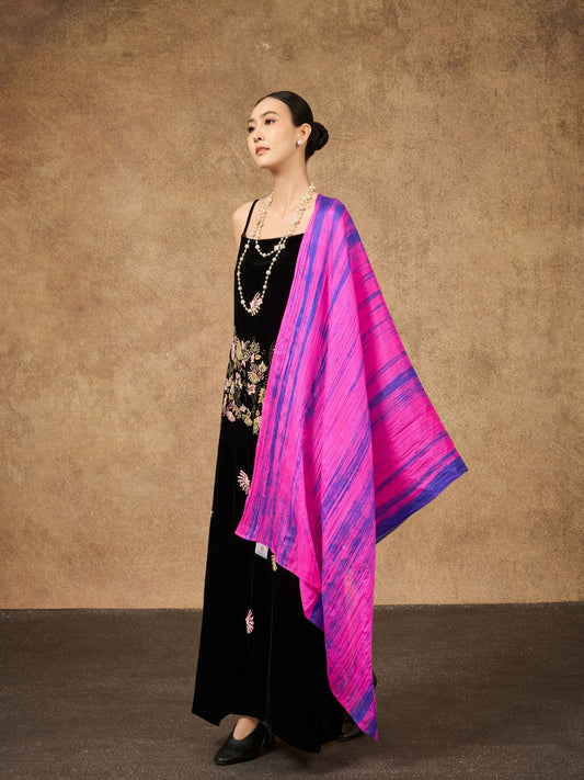 Fuchsia Blue Brushstroke hand-dyed brushstroke mulberry silk scarf — Silk & Bears luxury handcrafted silk shawl wrap