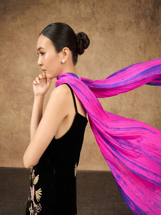 Model wearing fuchsia blue brushstroke hand-dyed silk scarf draped over shoulders — Silk & Bears