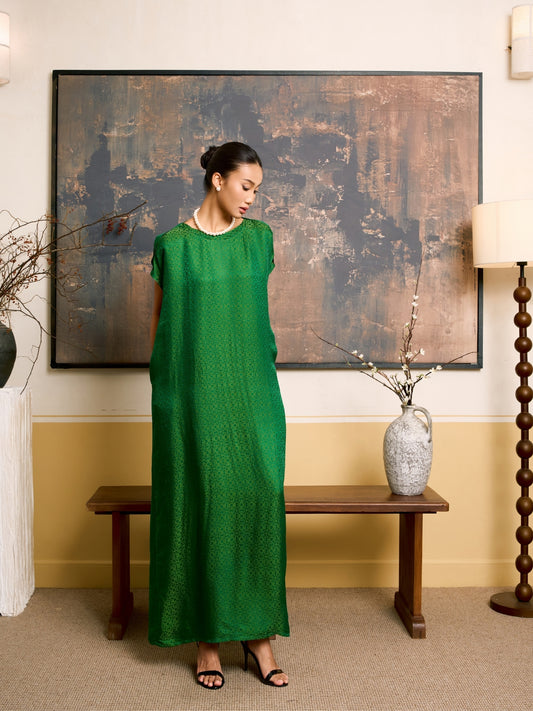 Seraphine Emerald Jade Silk Jacquard Maxi Dress | Silk & Bears