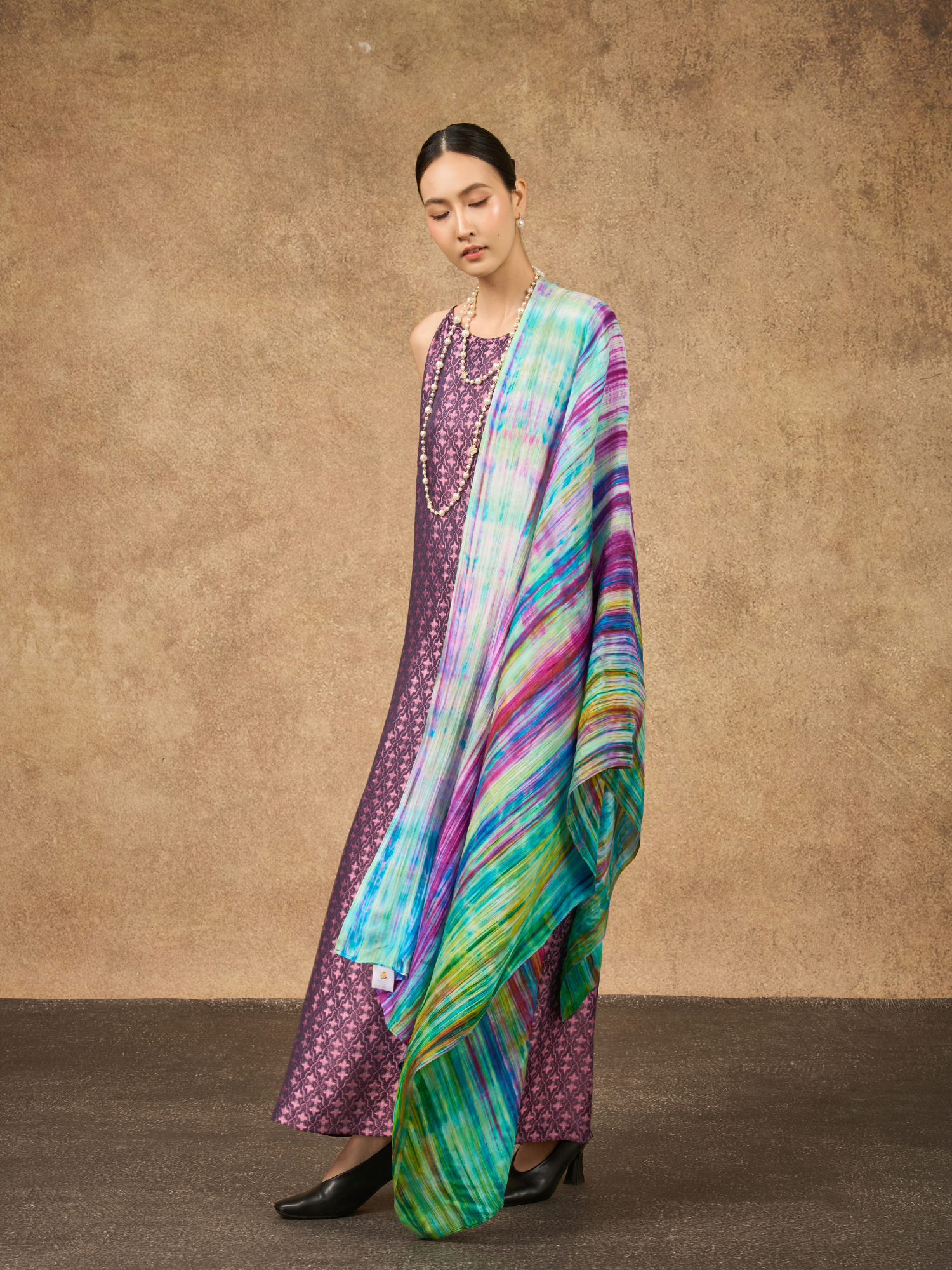 Rainbow brushstroke silk scarf in vivid multicolour stripes, made in Vietnam