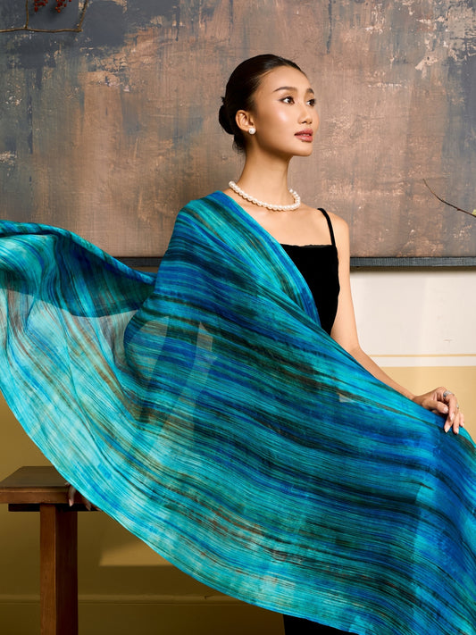Turquoise Blue & Emerald Brushstroke Silk Scarf – Hand-Dyed Mulberry Silk Shawl, Lightweight Elegant Wrap