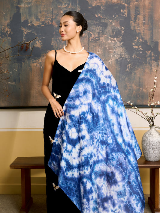 Indigo Blue Shibori Silk Scarf – Hand-Dyed Mulberry Silk Shawl, Lightweight Elegant Wrap