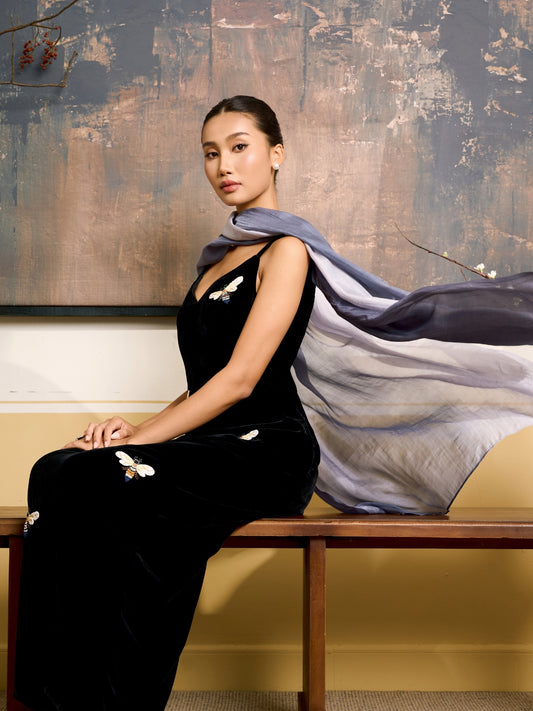 Grey White Ombre Silk Scarf – Hand-Dyed Mulberry Silk Shawl, Lightweight Elegant Wrap
