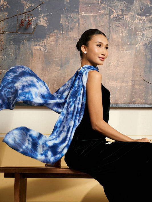Indigo blue shibori mulberry silk shawl worn over shoulders — Silk & Bears
