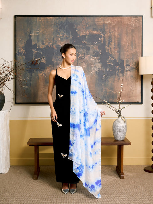 Sky Blue Shibori Silk Scarf – Hand-Dyed Mulberry Silk Shawl - Lightweight Artisan Wrap