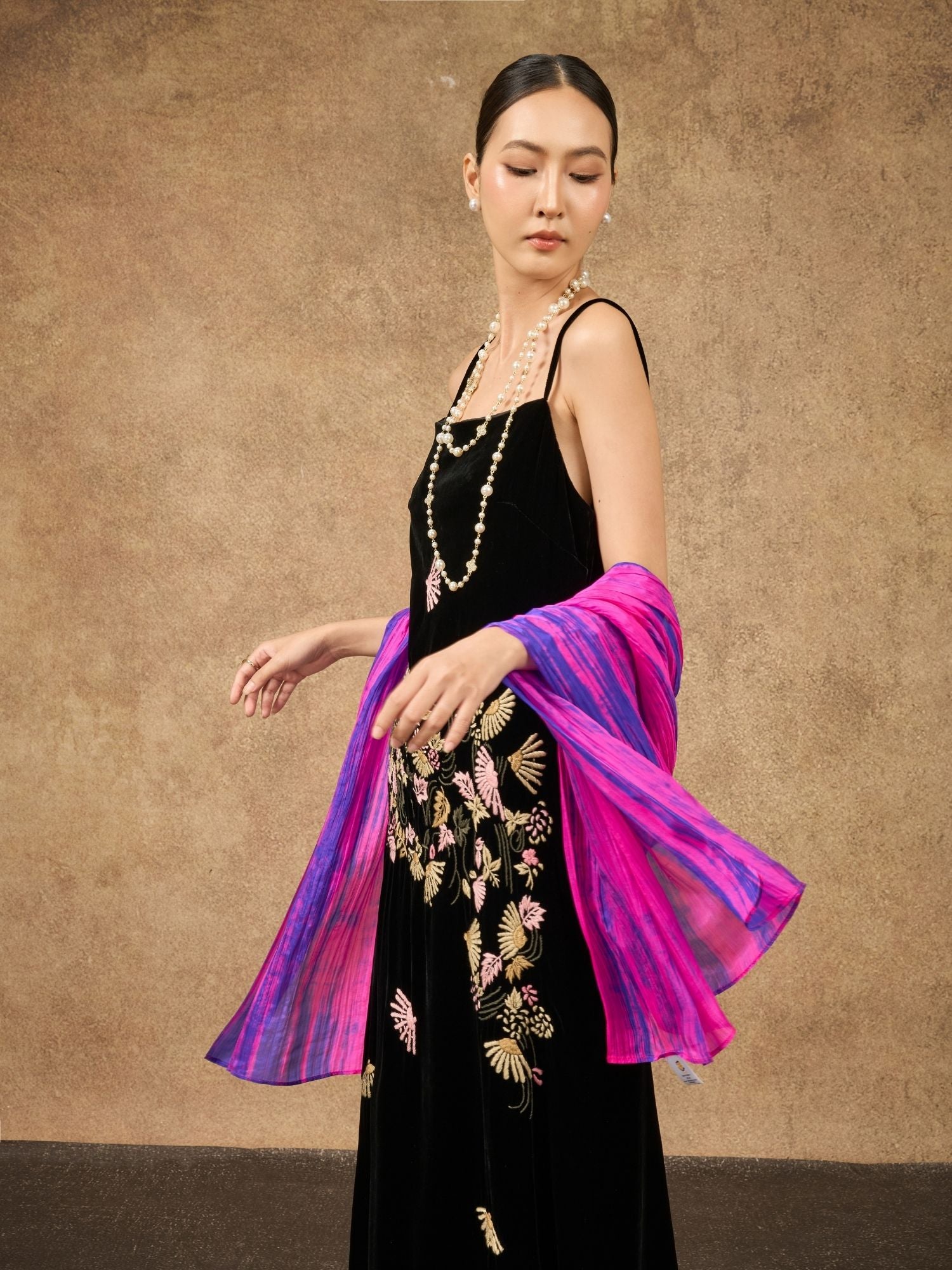 Fuchsia and blue brushstroke hand-dyed silk scarf, hand-painted on mulberry silk
