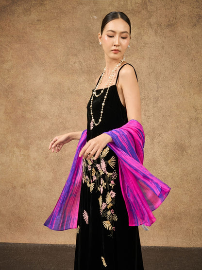 Fuchsia and blue brushstroke hand-dyed silk scarf, hand-painted on mulberry silk