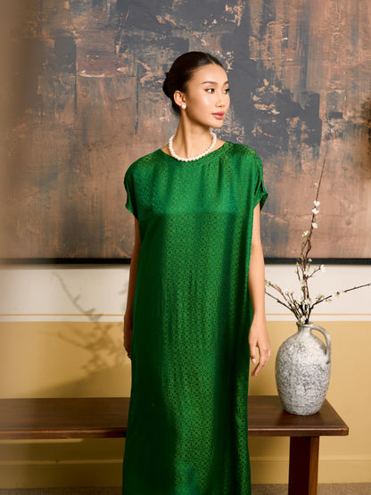 Seraphine emerald jade silk jacquard maxi dress shown from the side