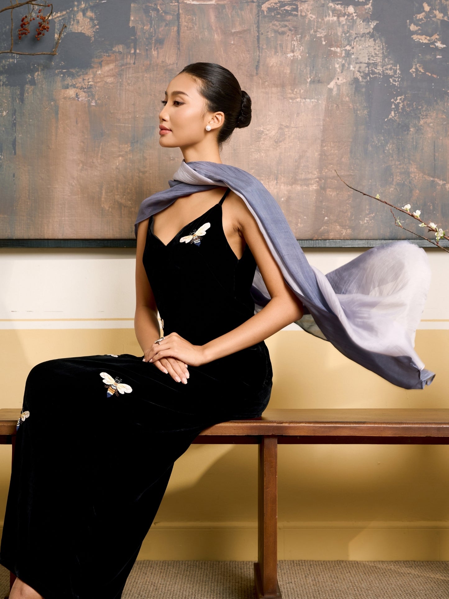 Grey and white ombre silk scarf worn as a flowing shawl, hand-dyed mulberry silk