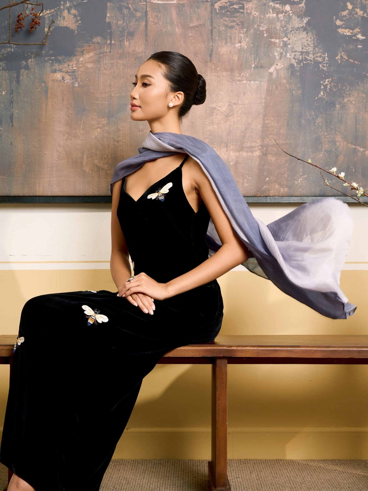 Grey and white ombre silk scarf worn as a flowing shawl, hand-dyed mulberry silk