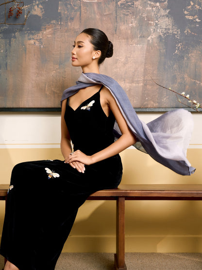 Grey and white ombre silk scarf worn as a flowing shawl, hand-dyed mulberry silk