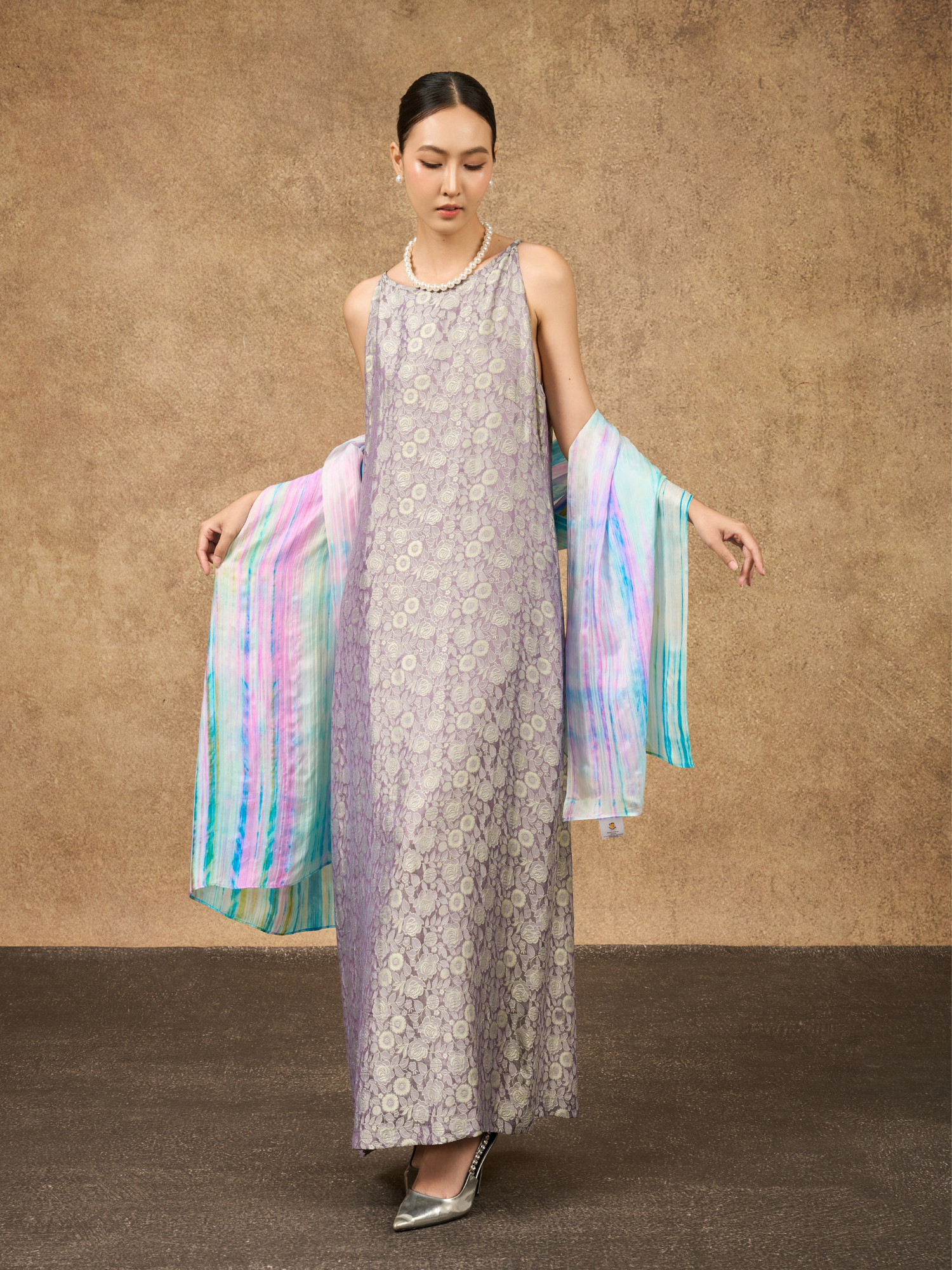 Pastel rainbow brushstroke silk scarf in soft multicolour tones, made in Vietnam