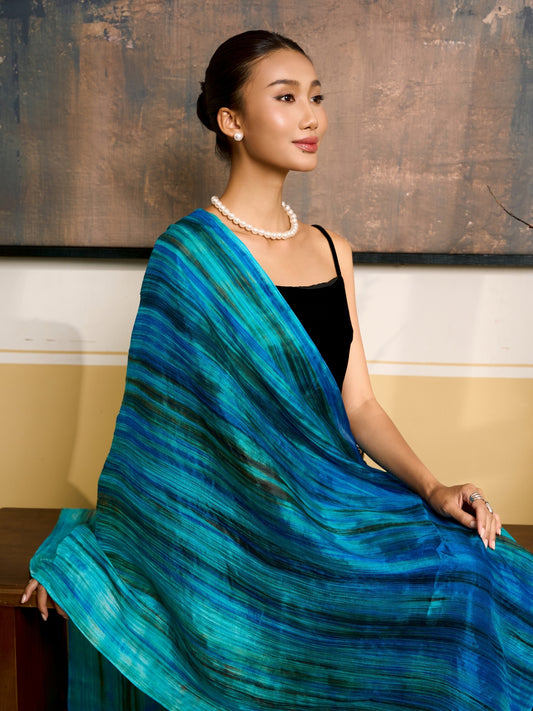 Turquoise Blue & Emerald Brushstroke Silk Scarf – Hand-Dyed Mulberry Silk Shawl, Lightweight Elegant Wrap