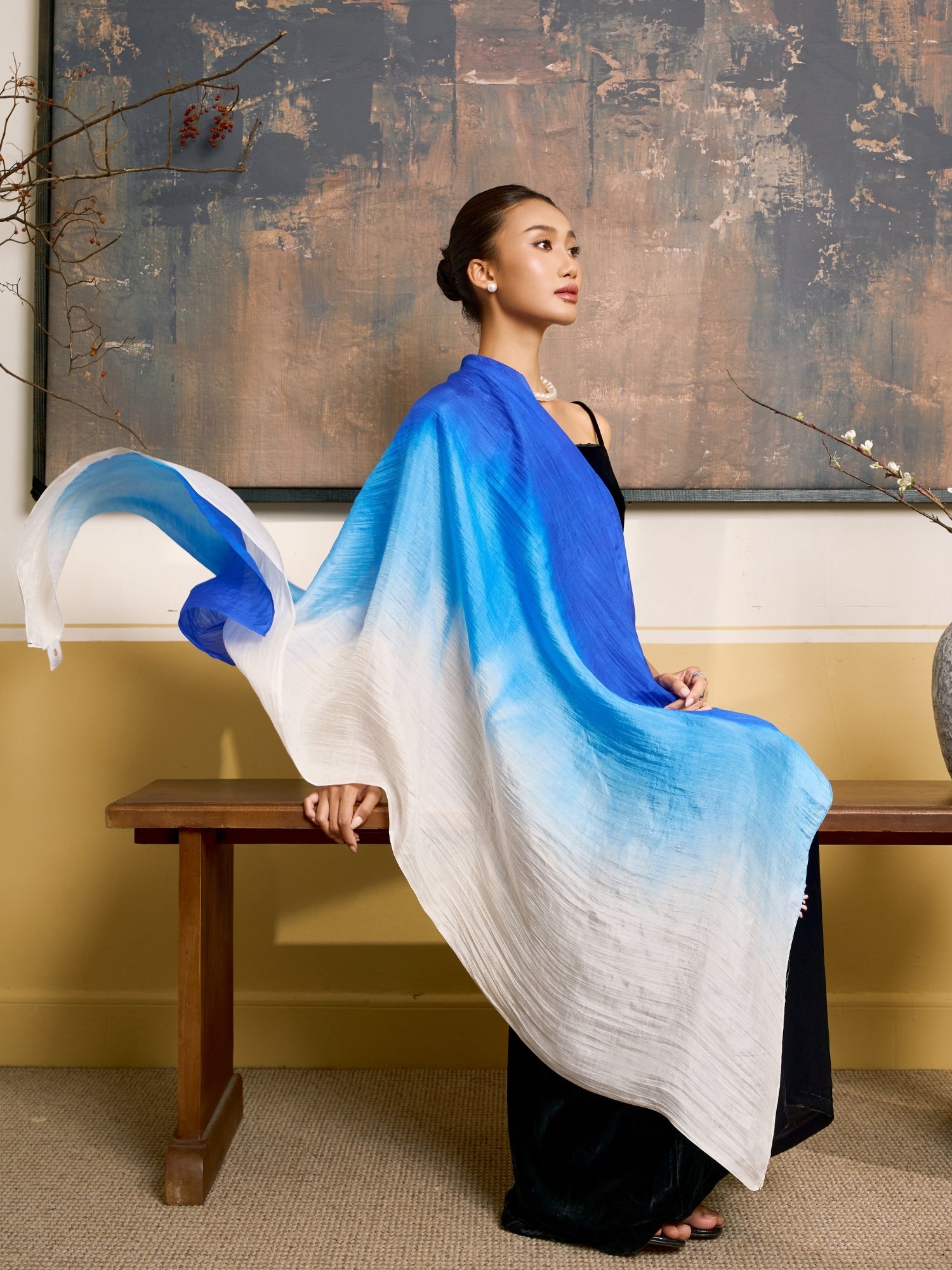 Royal blue ombre hand-dyed mulberry silk scarf with graduated colour, by Silk & Bears
