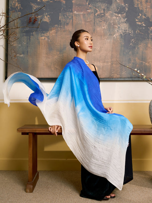 Royal Blue Ombre Silk Scarf – Hand-Dyed Mulberry Silk Shawl, Lightweight Elegant Wrap