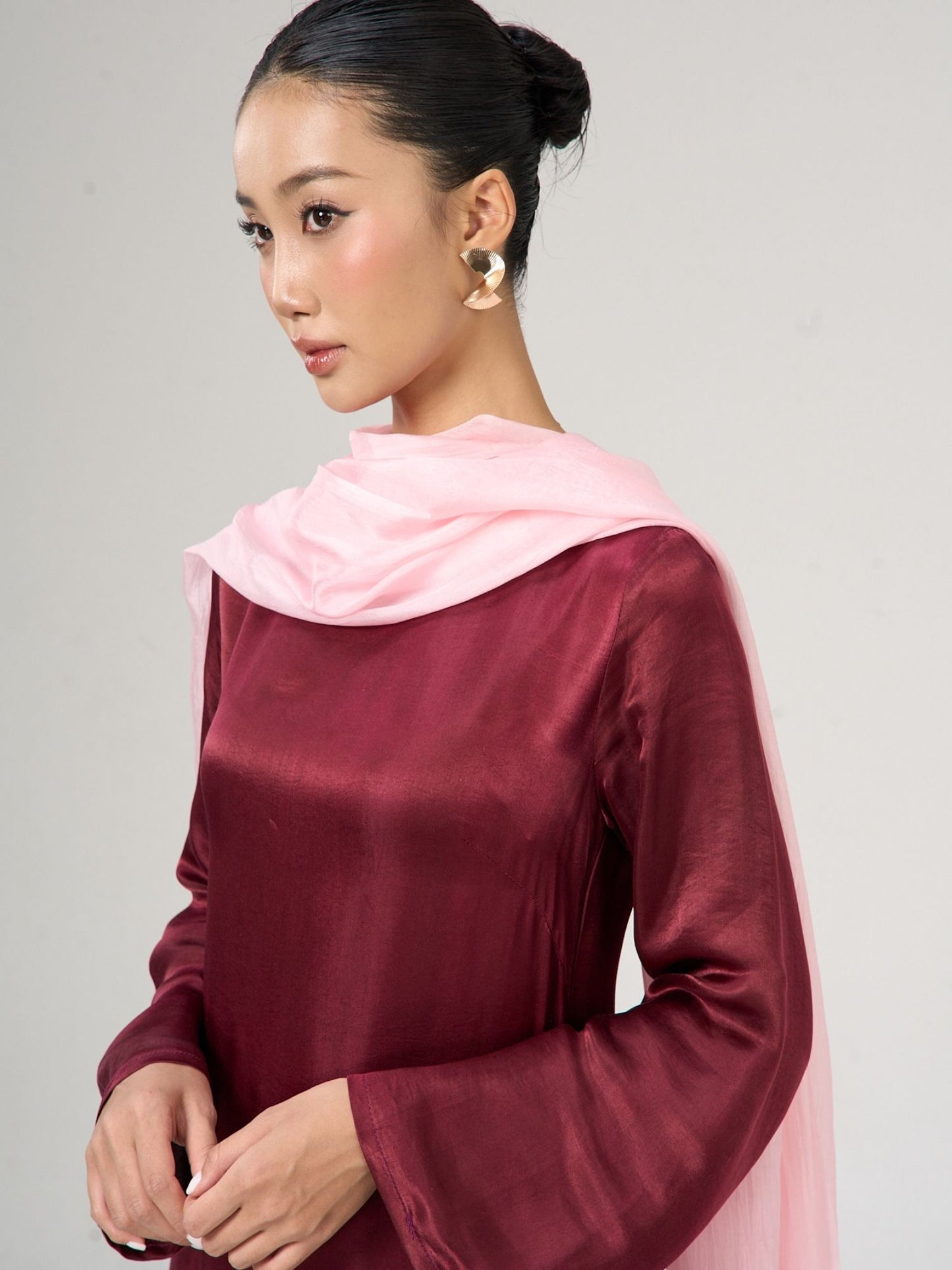 Blush pink hand-dyed silk scarf styled loosely, artisan mulberry silk