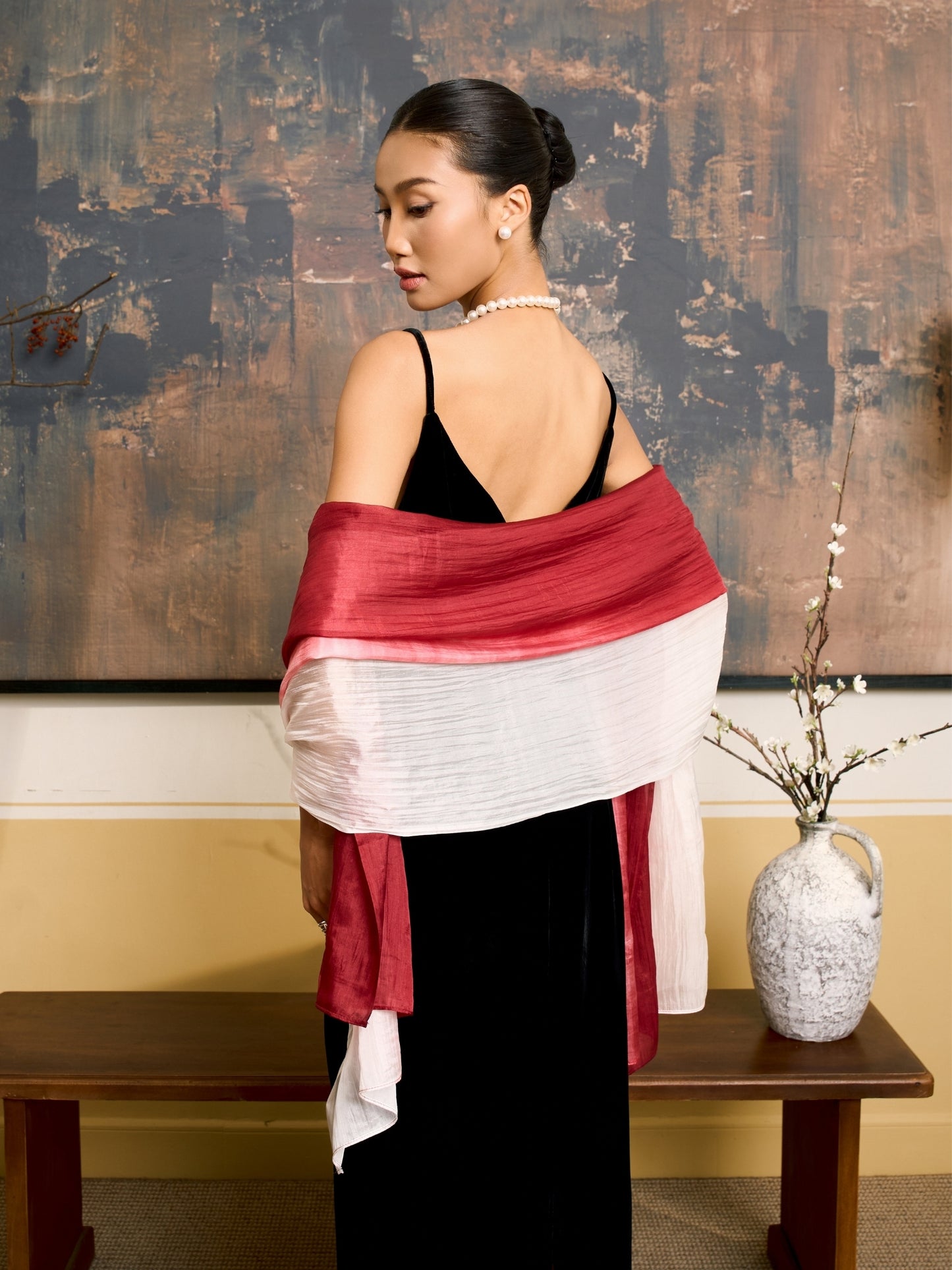 Burgundy ombre hand-dyed silk scarf held open to show the full gradient