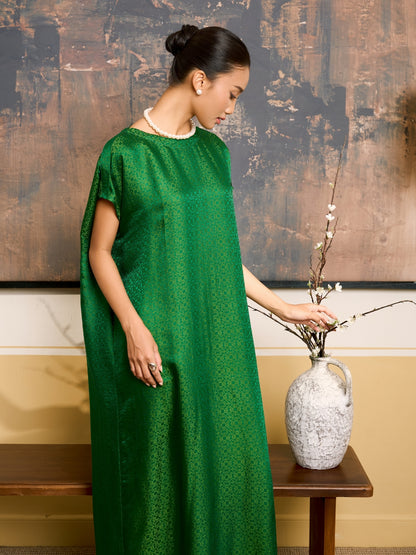 Back view of the Seraphine emerald jade silk jacquard maxi dress