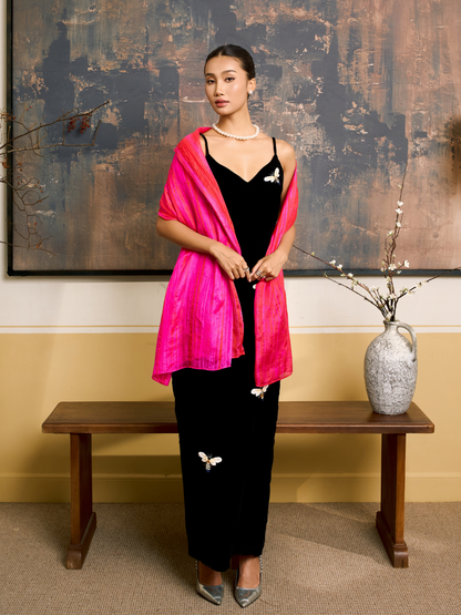 Hot pink brushstroke hand-dyed silk scarf, hand-painted on mulberry silk